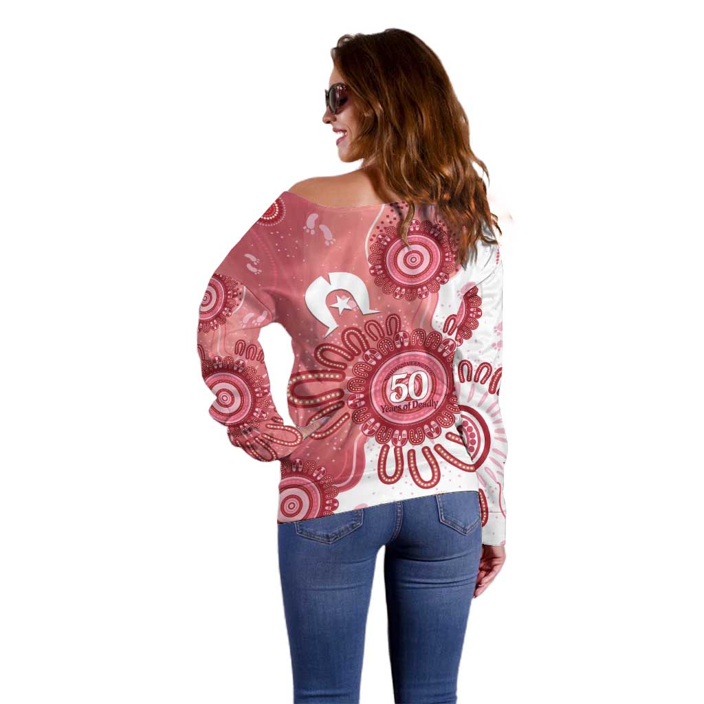 NAIDOC Week 2026 Off Shoulder Sweater 50 Years Deadly Dhari Pink Aboriginal Art