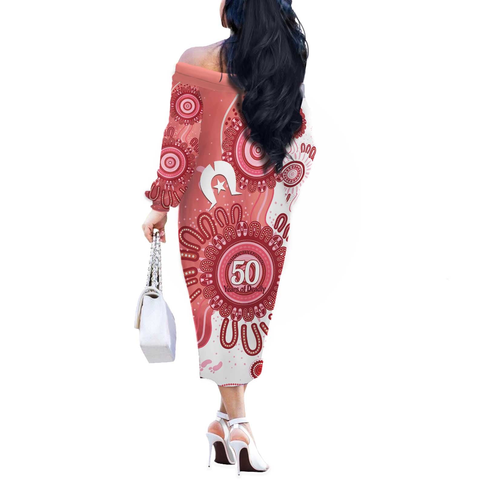 NAIDOC Week 2026 Off The Shoulder Long Sleeve Dress 50 Years Deadly Dhari Pink Aboriginal Art