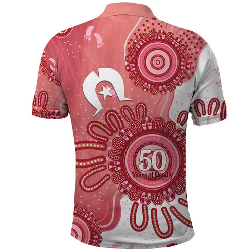 NAIDOC Week 2026 Polo Shirt 50 Years Deadly Dhari Pink Aboriginal Art