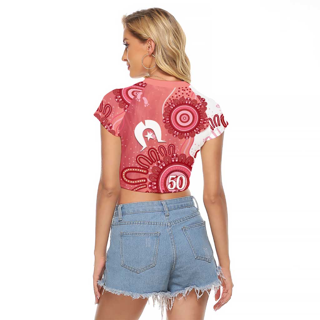 NAIDOC Week 2026 Raglan Cropped T Shirt 50 Years Deadly Dhari Pink Aboriginal Art