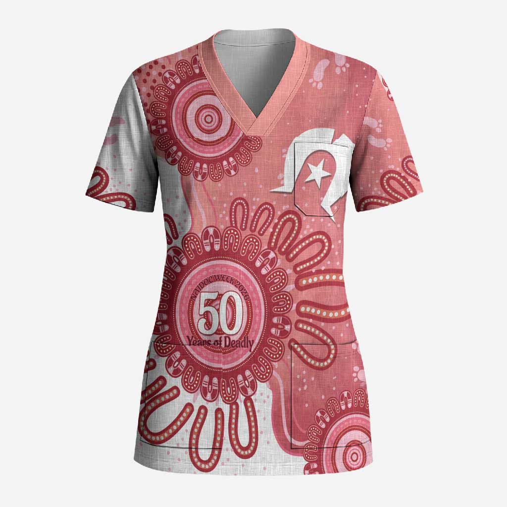 NAIDOC Week 2026 Scrub Top 50 Years Deadly Dhari Pink Aboriginal Art