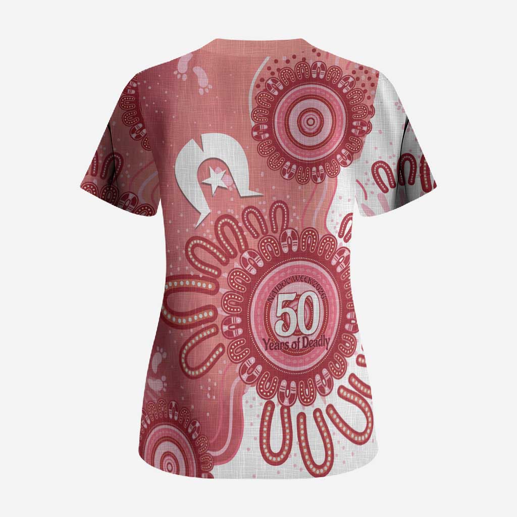 NAIDOC Week 2026 Scrub Top 50 Years Deadly Dhari Pink Aboriginal Art