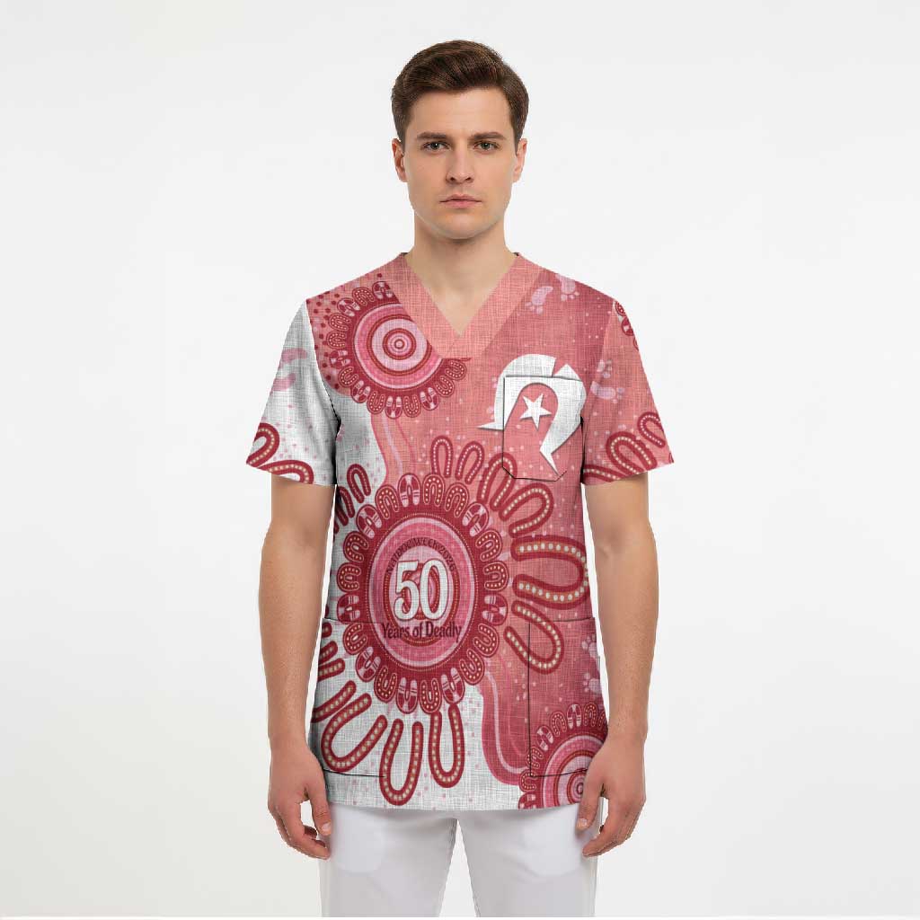 NAIDOC Week 2026 Scrub Top 50 Years Deadly Dhari Pink Aboriginal Art