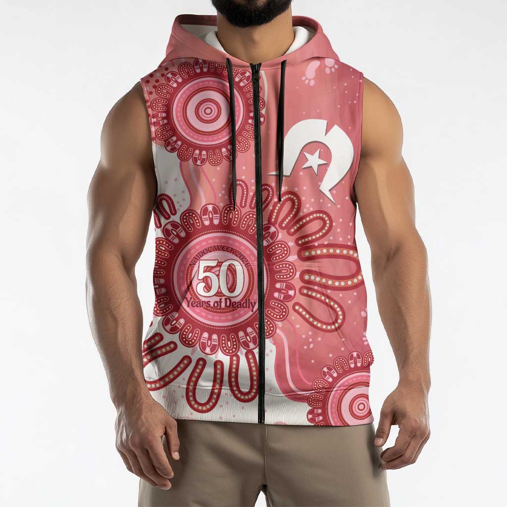 NAIDOC Week 2026 Sleeveless Zip Hoodie 50 Years Deadly Dhari Pink Aboriginal Art