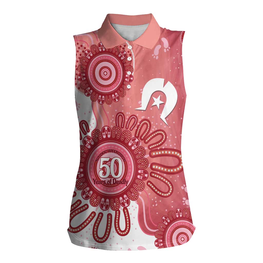 NAIDOC Week 2026 Women Sleeveless Polo Shirt 50 Years Deadly Dhari Pink Aboriginal Art