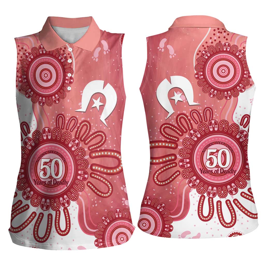 NAIDOC Week 2026 Women Sleeveless Polo Shirt 50 Years Deadly Dhari Pink Aboriginal Art