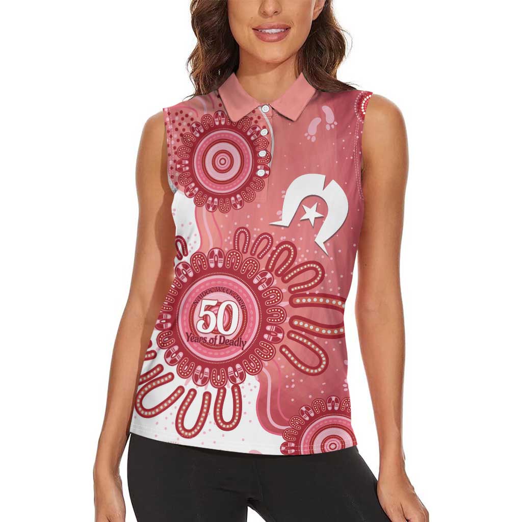 NAIDOC Week 2026 Women Sleeveless Polo Shirt 50 Years Deadly Dhari Pink Aboriginal Art