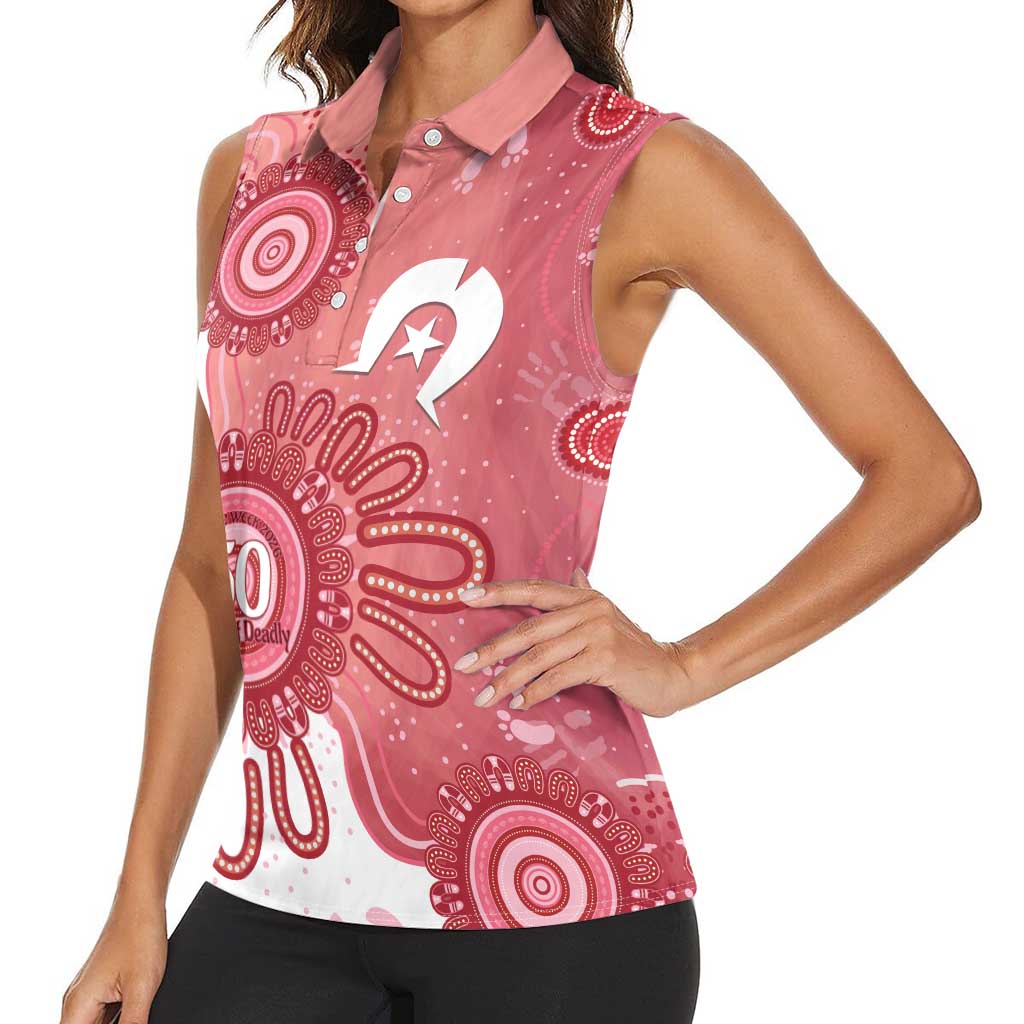 NAIDOC Week 2026 Women Sleeveless Polo Shirt 50 Years Deadly Dhari Pink Aboriginal Art