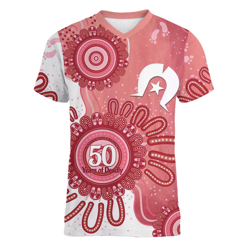 NAIDOC Week 2026 Women V-Neck T-Shirt 50 Years Deadly Dhari Pink Aboriginal Art