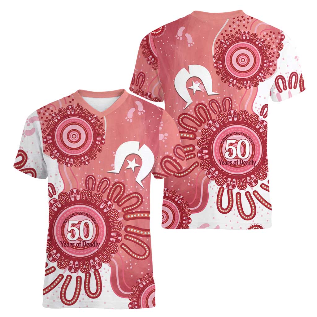 NAIDOC Week 2026 Women V-Neck T-Shirt 50 Years Deadly Dhari Pink Aboriginal Art