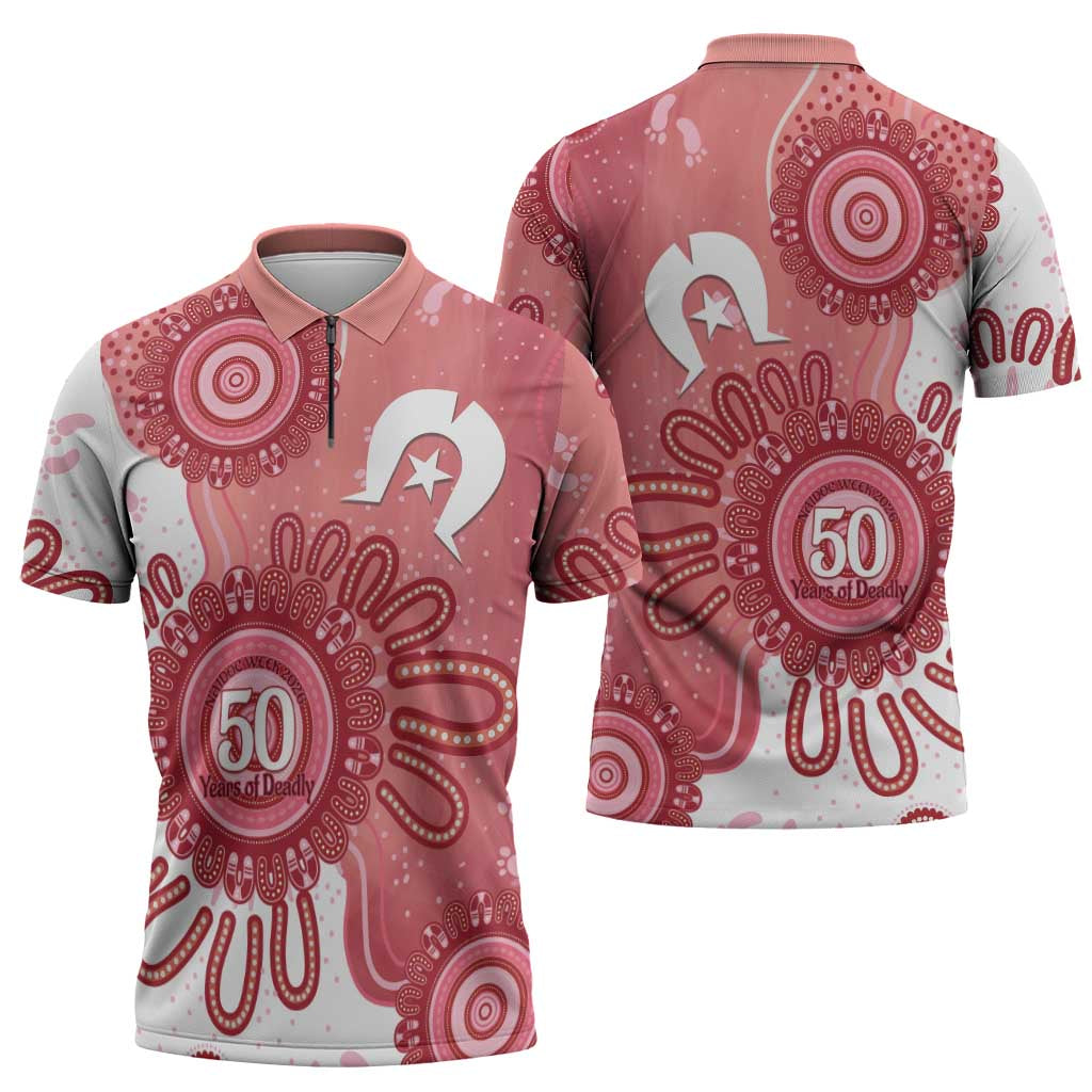 NAIDOC Week 2026 Zipper Polo Shirt 50 Years Deadly Dhari Pink Aboriginal Art