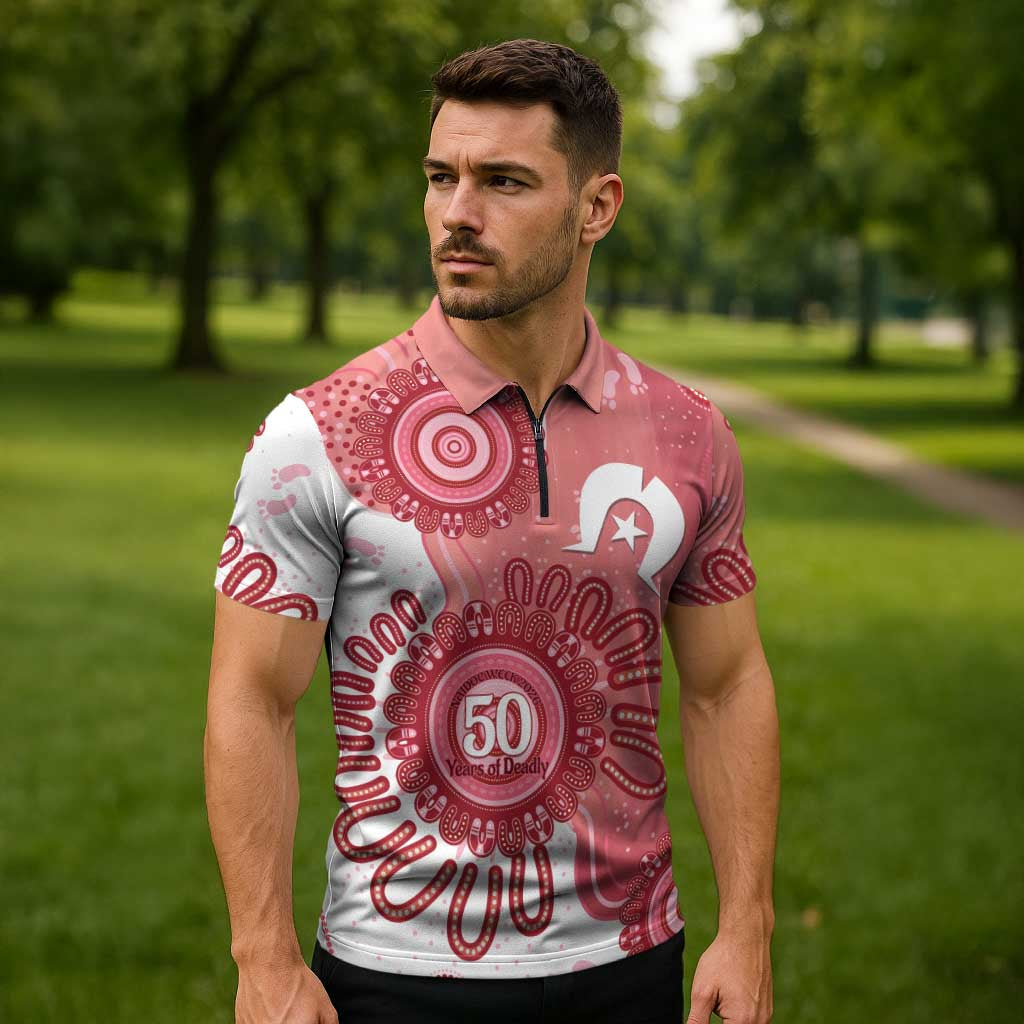 NAIDOC Week 2026 Zipper Polo Shirt 50 Years Deadly Dhari Pink Aboriginal Art