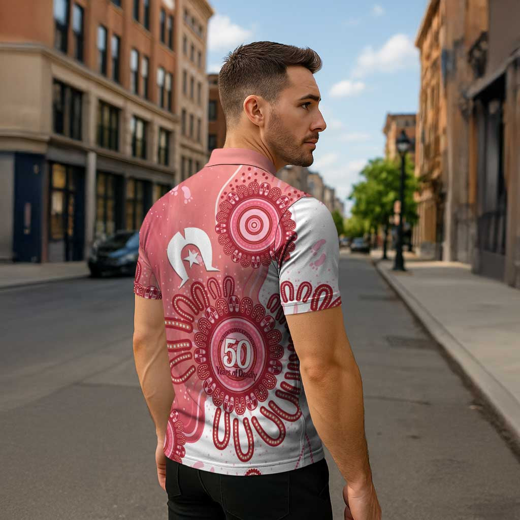 NAIDOC Week 2026 Zipper Polo Shirt 50 Years Deadly Dhari Pink Aboriginal Art