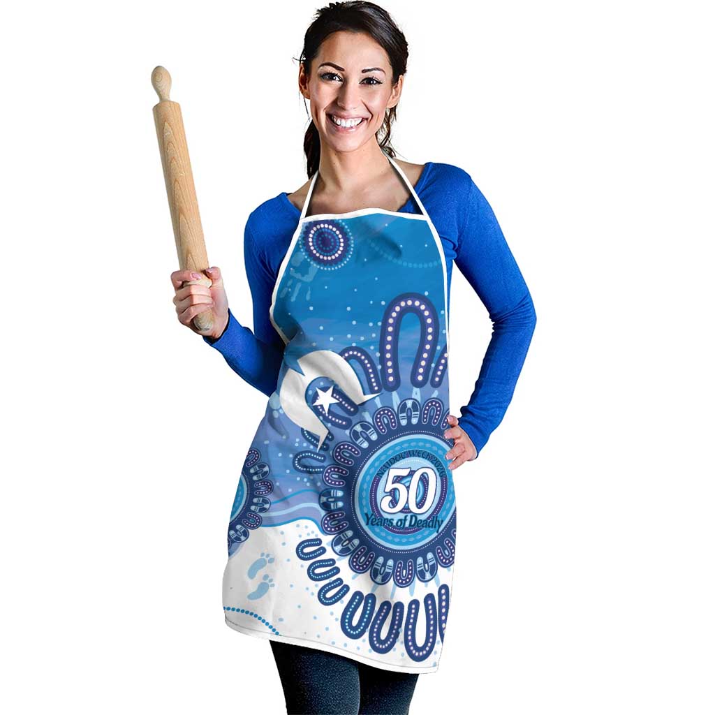 NAIDOC Week 2026 Apron 50 Years Deadly Dhari Blue Aboriginal Art