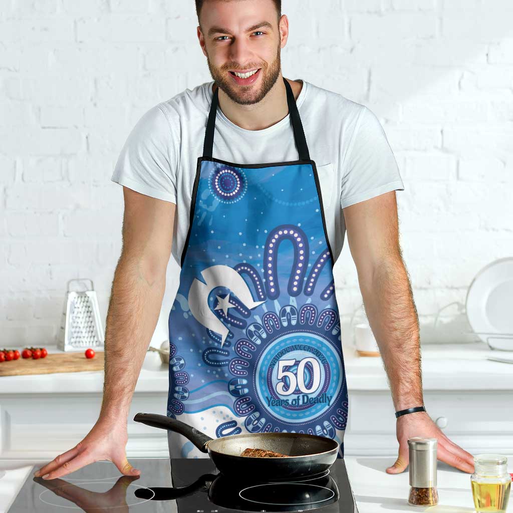 NAIDOC Week 2026 Apron 50 Years Deadly Dhari Blue Aboriginal Art