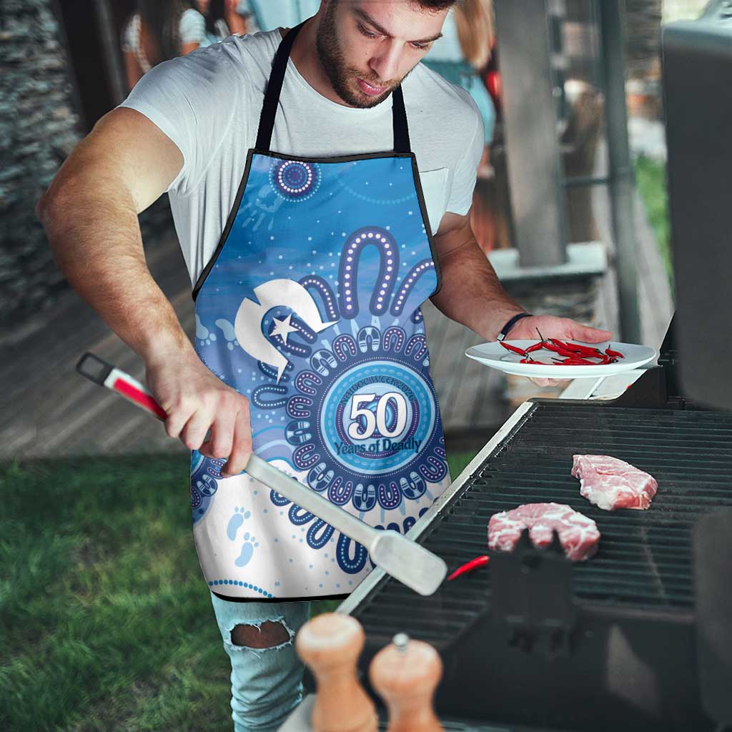 NAIDOC Week 2026 Apron 50 Years Deadly Dhari Blue Aboriginal Art
