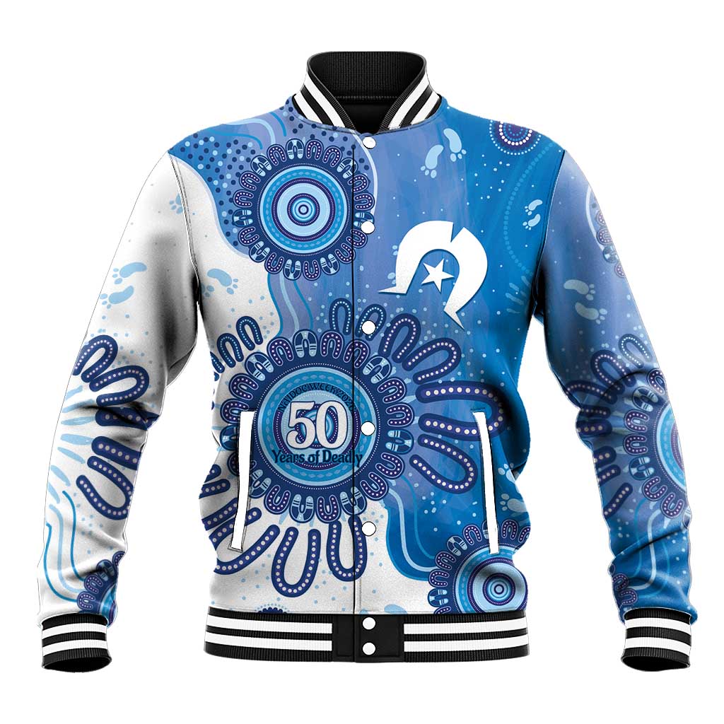 NAIDOC Week 2026 Baseball Jacket 50 Years Deadly Dhari Blue Aboriginal Art