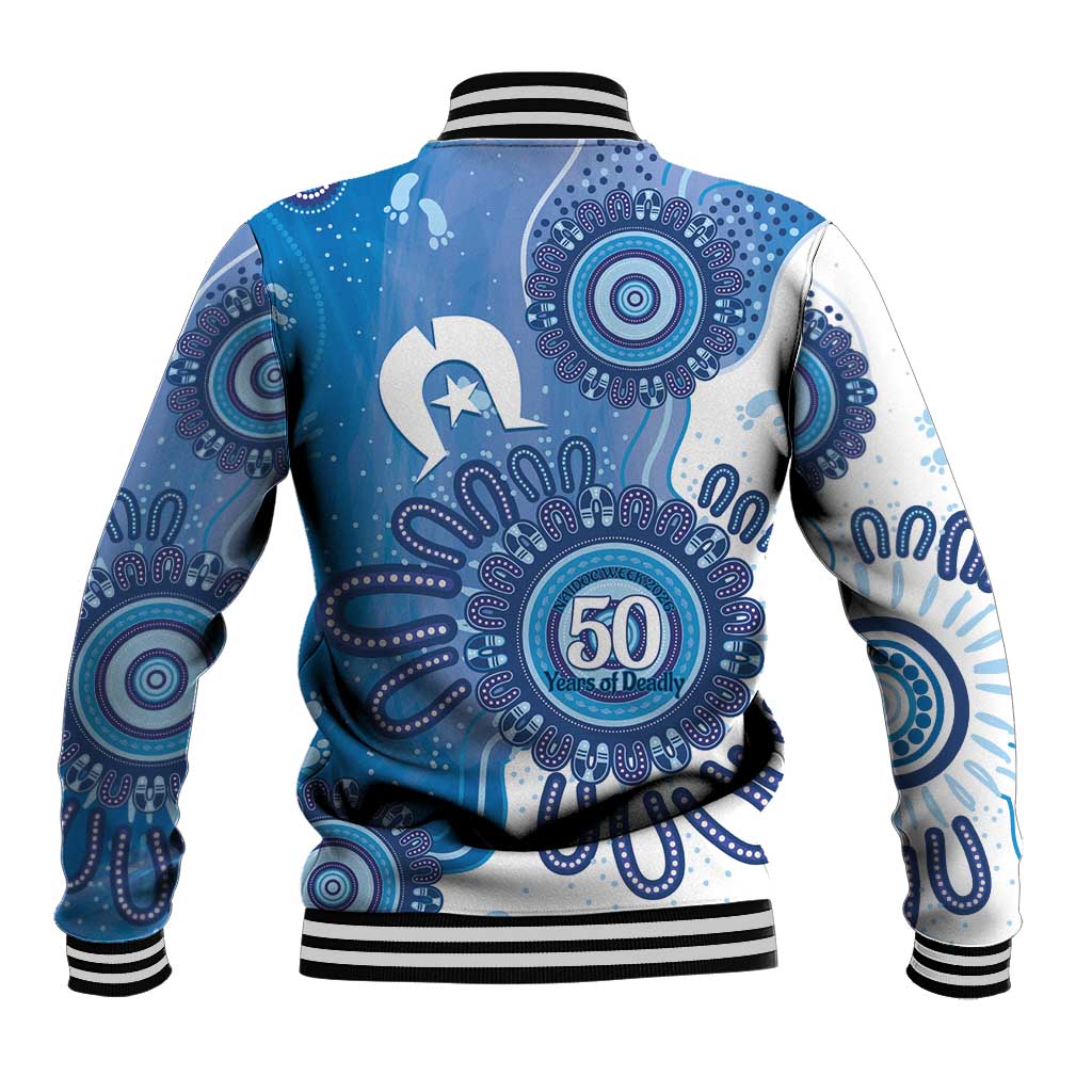 NAIDOC Week 2026 Baseball Jacket 50 Years Deadly Dhari Blue Aboriginal Art