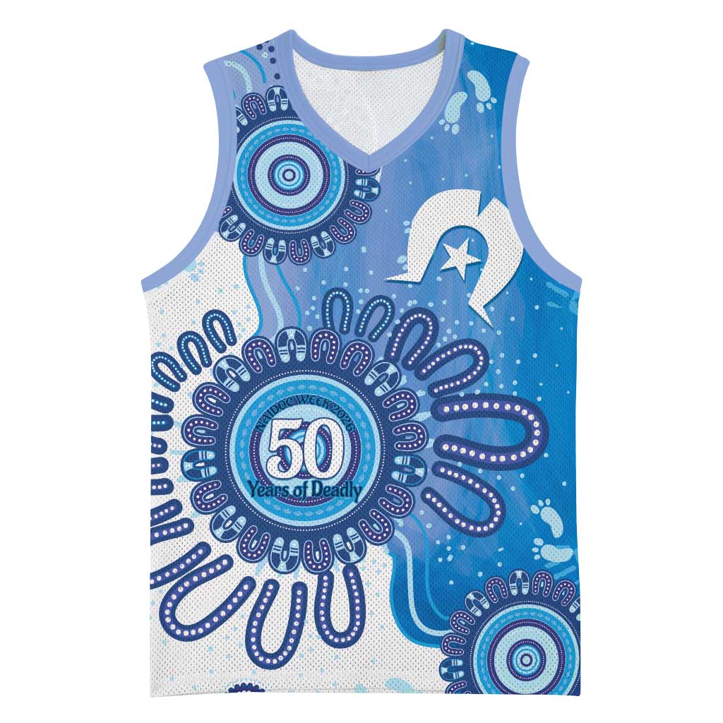 NAIDOC Week 2026 Basketball Jersey 50 Years Deadly Dhari Blue Aboriginal Art
