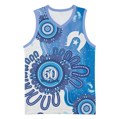 NAIDOC Week 2026 Basketball Jersey 50 Years Deadly Dhari Blue Aboriginal Art