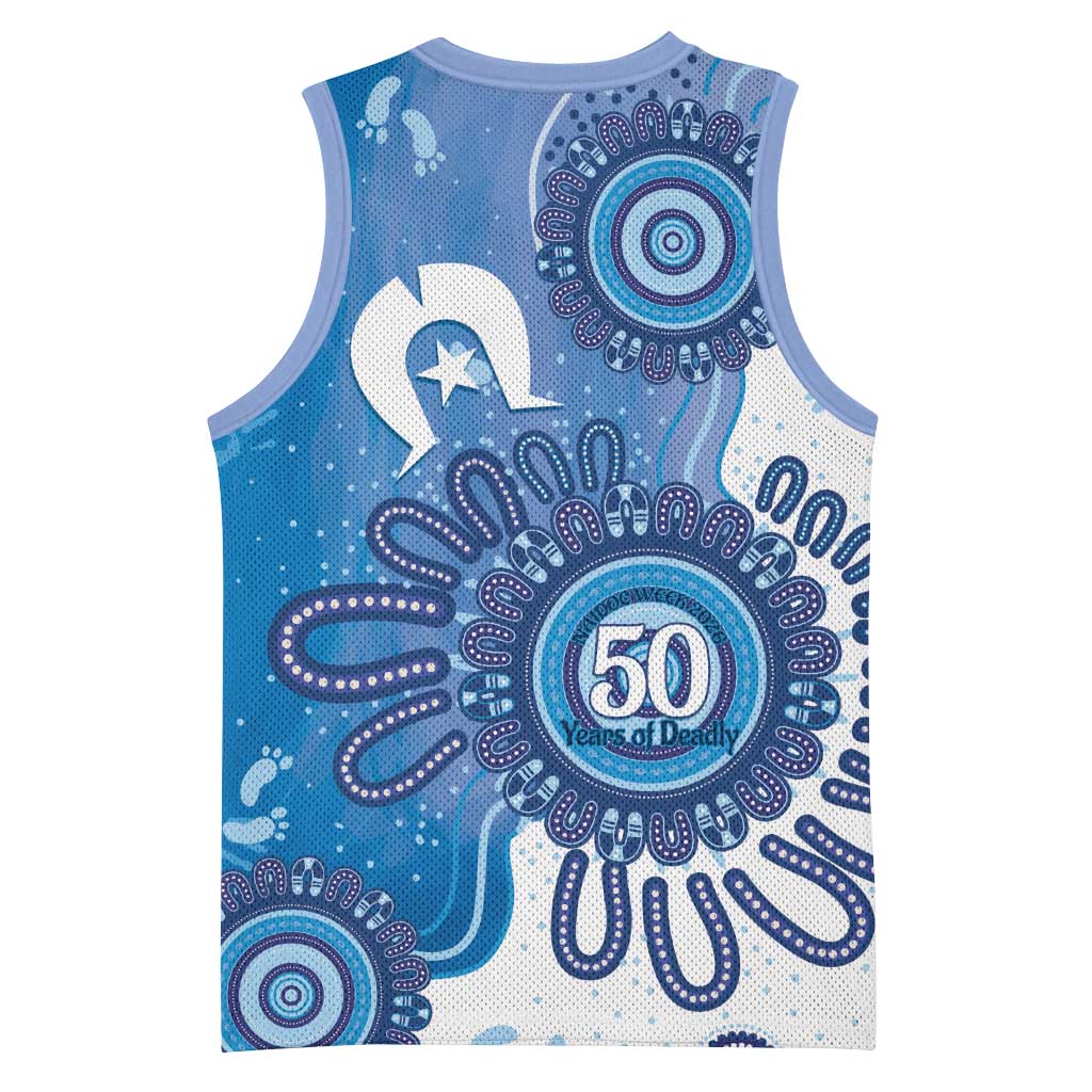 NAIDOC Week 2026 Basketball Jersey 50 Years Deadly Dhari Blue Aboriginal Art