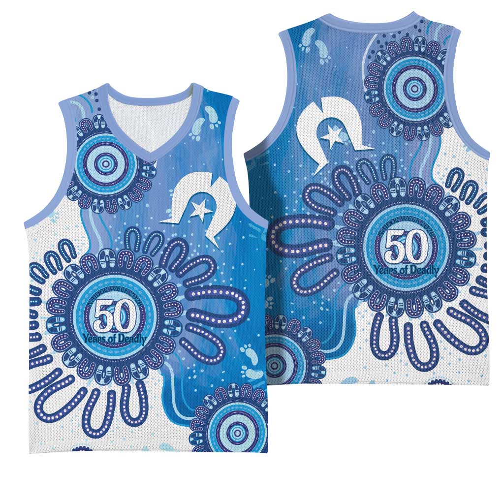 NAIDOC Week 2026 Basketball Jersey 50 Years Deadly Dhari Blue Aboriginal Art