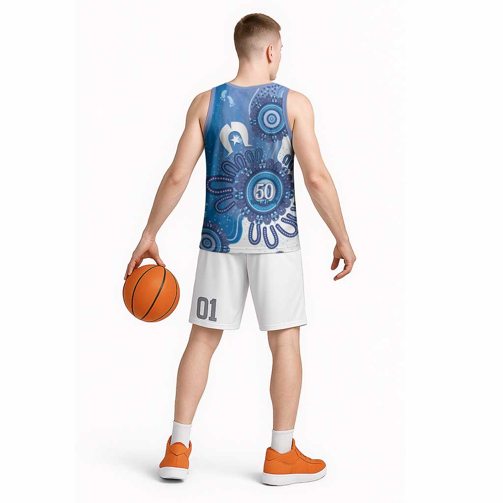 NAIDOC Week 2026 Basketball Jersey 50 Years Deadly Dhari Blue Aboriginal Art
