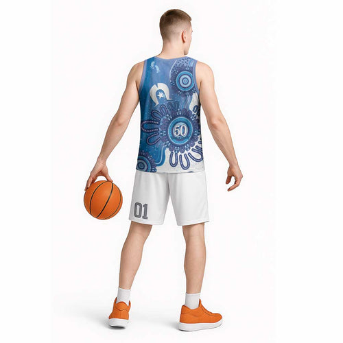 NAIDOC Week 2026 Basketball Jersey 50 Years Deadly Dhari Blue Aboriginal Art