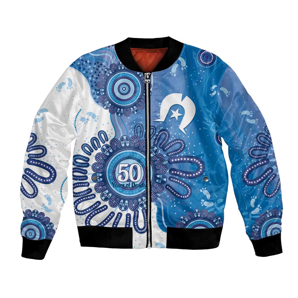 NAIDOC Week 2026 Bomber Jacket 50 Years Deadly Dhari Blue Aboriginal Art