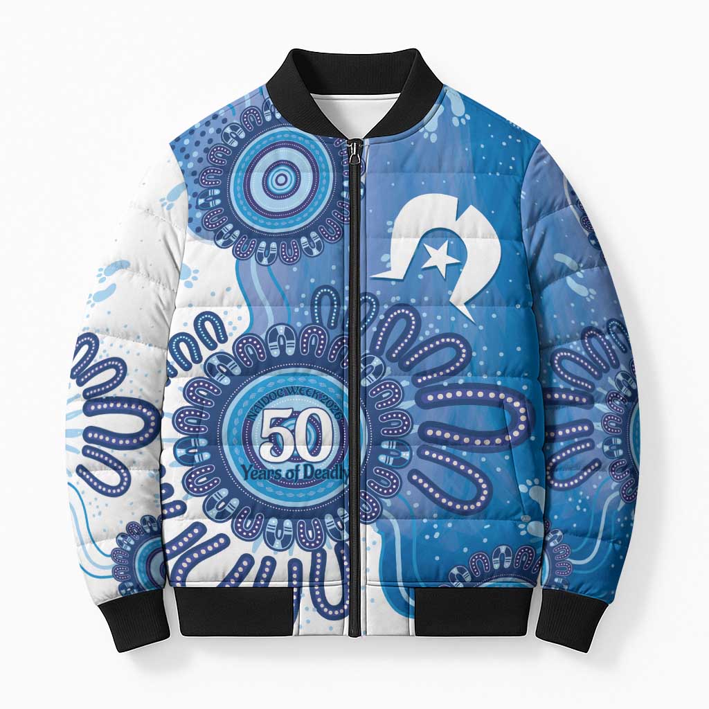 NAIDOC Week 2026 Bomber Puffer Jacket 50 Years Deadly Dhari Blue Aboriginal Art