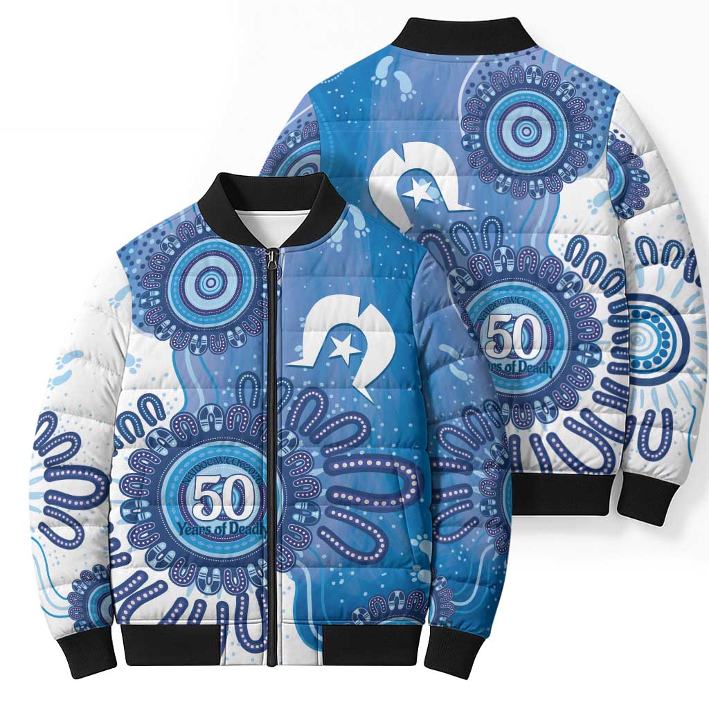 NAIDOC Week 2026 Bomber Puffer Jacket 50 Years Deadly Dhari Blue Aboriginal Art