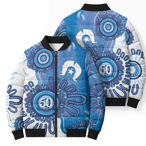 NAIDOC Week 2026 Bomber Puffer Jacket 50 Years Deadly Dhari Blue Aboriginal Art