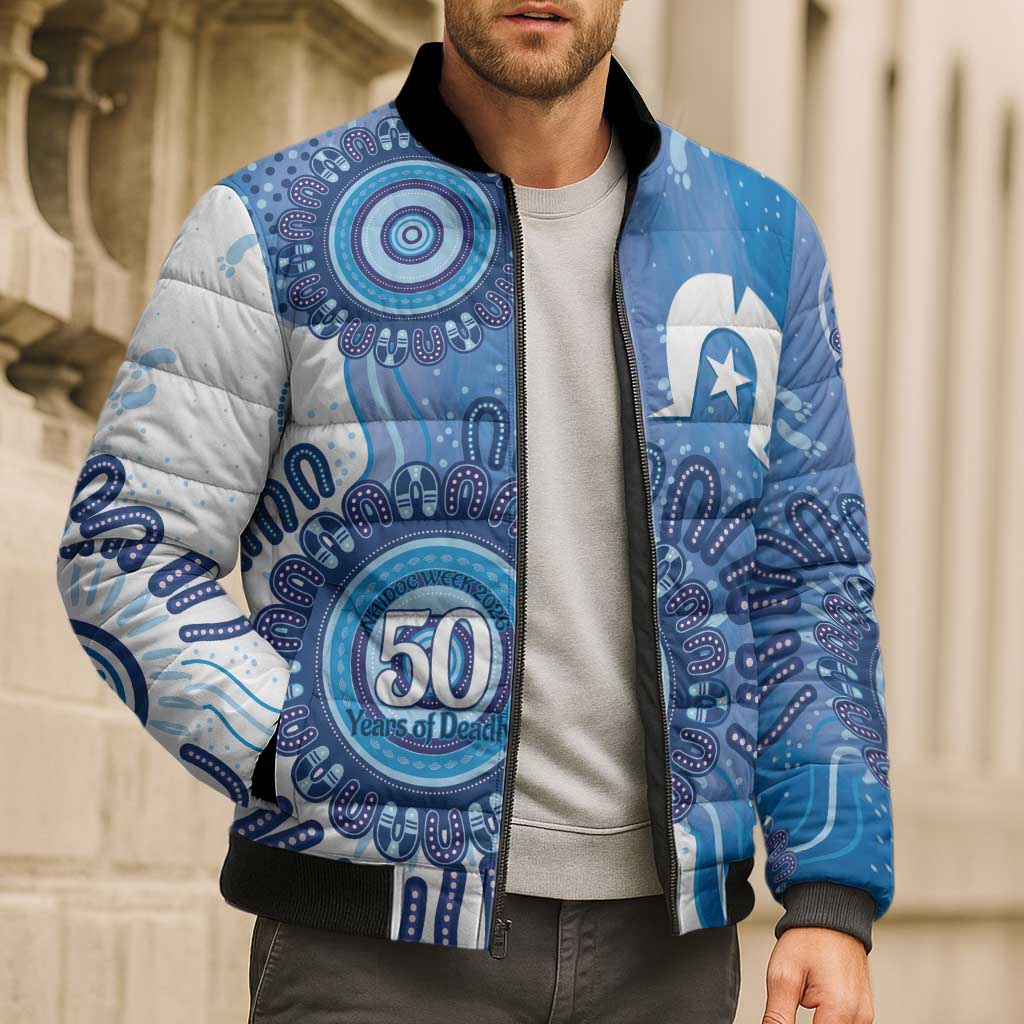 NAIDOC Week 2026 Bomber Puffer Jacket 50 Years Deadly Dhari Blue Aboriginal Art