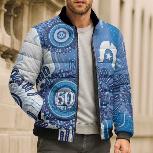 NAIDOC Week 2026 Bomber Puffer Jacket 50 Years Deadly Dhari Blue Aboriginal Art