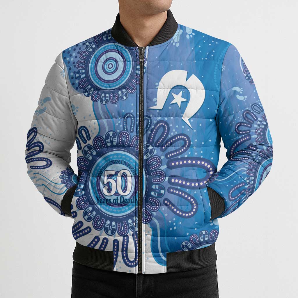 NAIDOC Week 2026 Bomber Puffer Jacket 50 Years Deadly Dhari Blue Aboriginal Art
