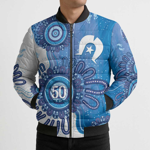 NAIDOC Week 2026 Bomber Puffer Jacket 50 Years Deadly Dhari Blue Aboriginal Art