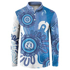 NAIDOC Week 2026 Button Sweatshirt 50 Years Deadly Dhari Blue Aboriginal Art