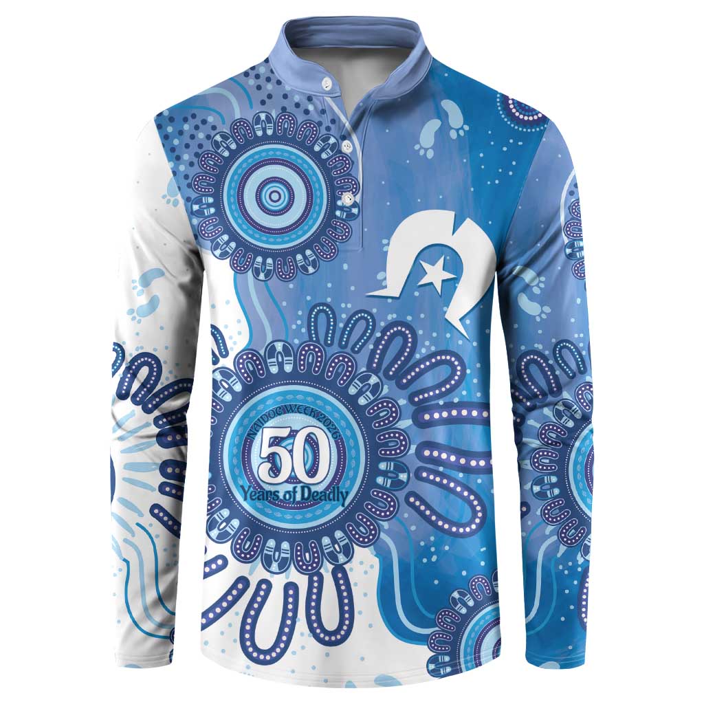 NAIDOC Week 2026 Button Sweatshirt 50 Years Deadly Dhari Blue Aboriginal Art