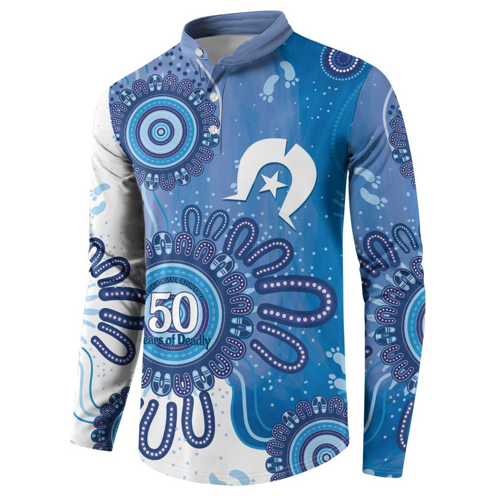 NAIDOC Week 2026 Button Sweatshirt 50 Years Deadly Dhari Blue Aboriginal Art
