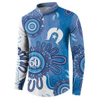 NAIDOC Week 2026 Button Sweatshirt 50 Years Deadly Dhari Blue Aboriginal Art