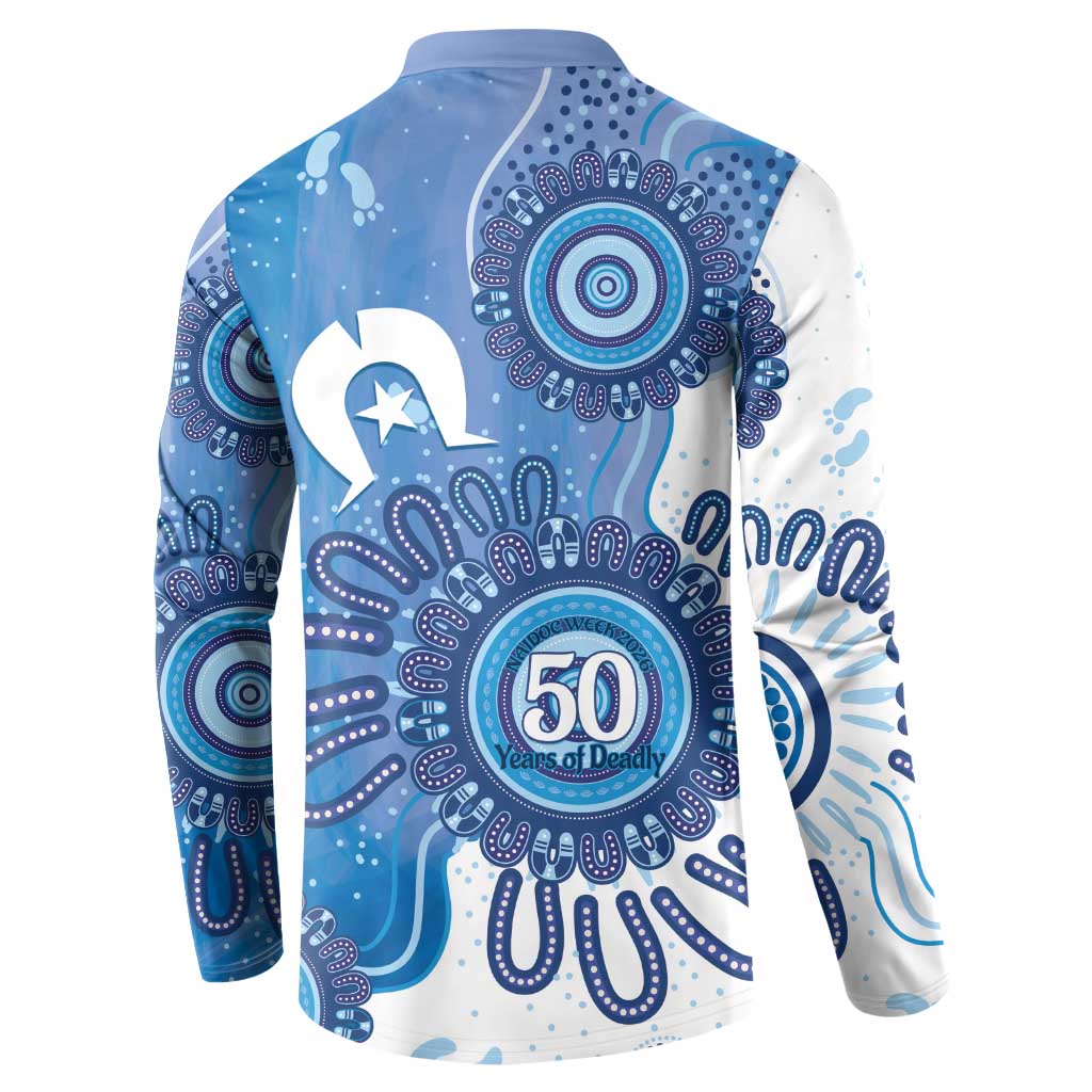 NAIDOC Week 2026 Button Sweatshirt 50 Years Deadly Dhari Blue Aboriginal Art