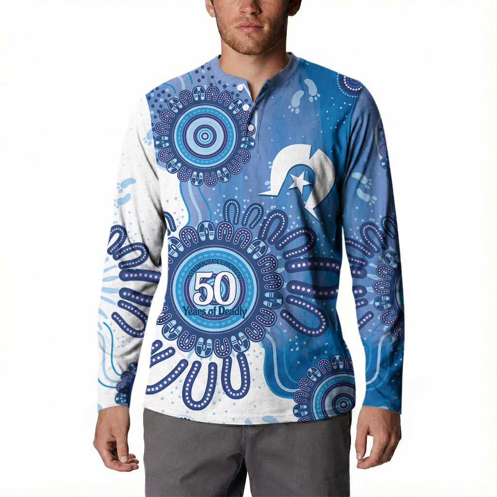 NAIDOC Week 2026 Button Sweatshirt 50 Years Deadly Dhari Blue Aboriginal Art