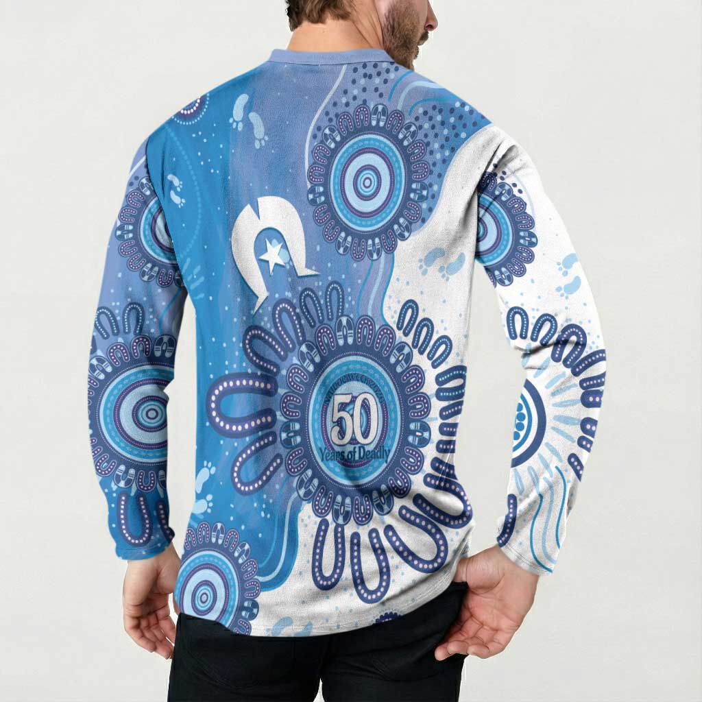 NAIDOC Week 2026 Button Sweatshirt 50 Years Deadly Dhari Blue Aboriginal Art
