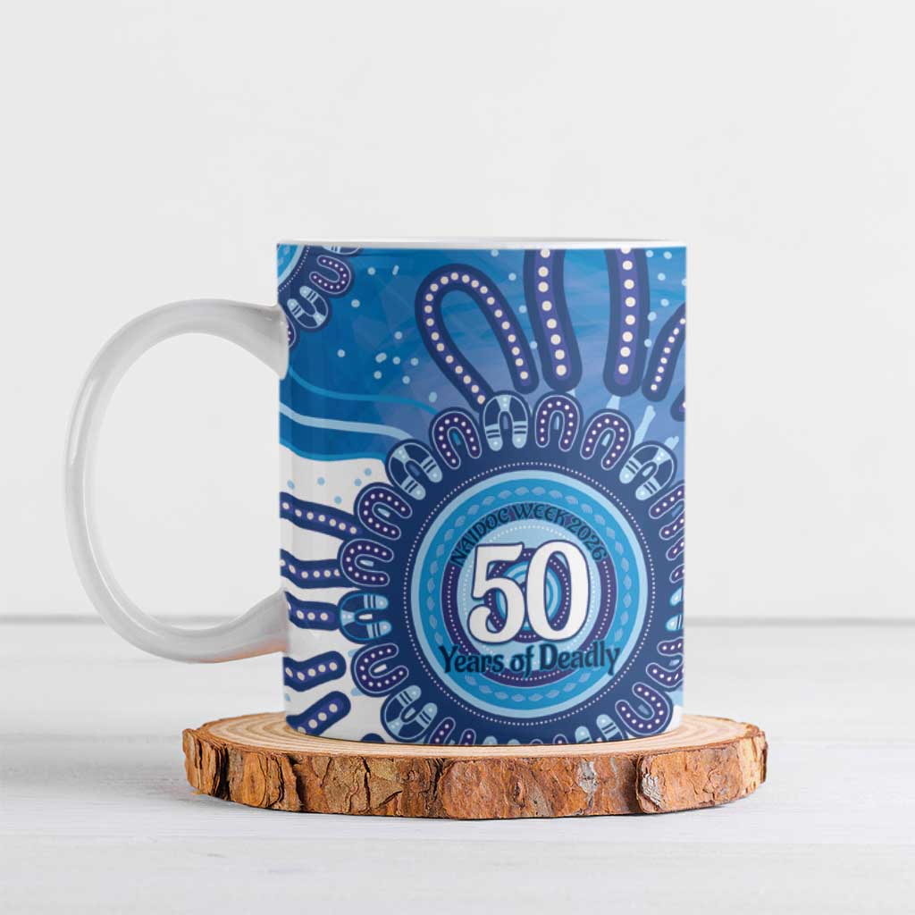 NAIDOC Week 2026 Ceramic Mug 50 Years Deadly Dhari Blue Aboriginal Art