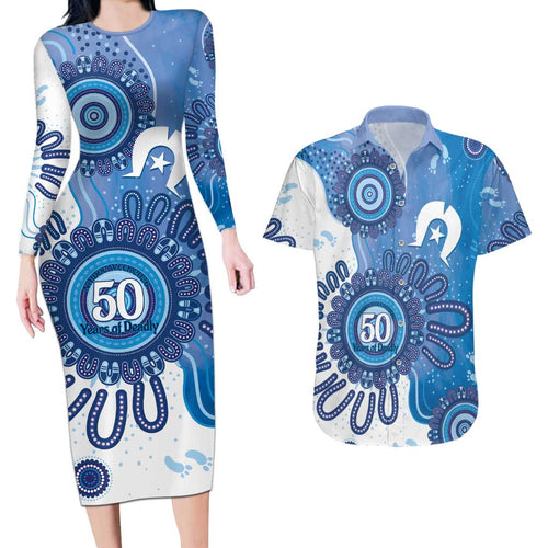 NAIDOC Week 2026 Couples Matching Long Sleeve Bodycon Dress and Hawaiian Shirt 50 Years Deadly Dhari Blue Aboriginal Art