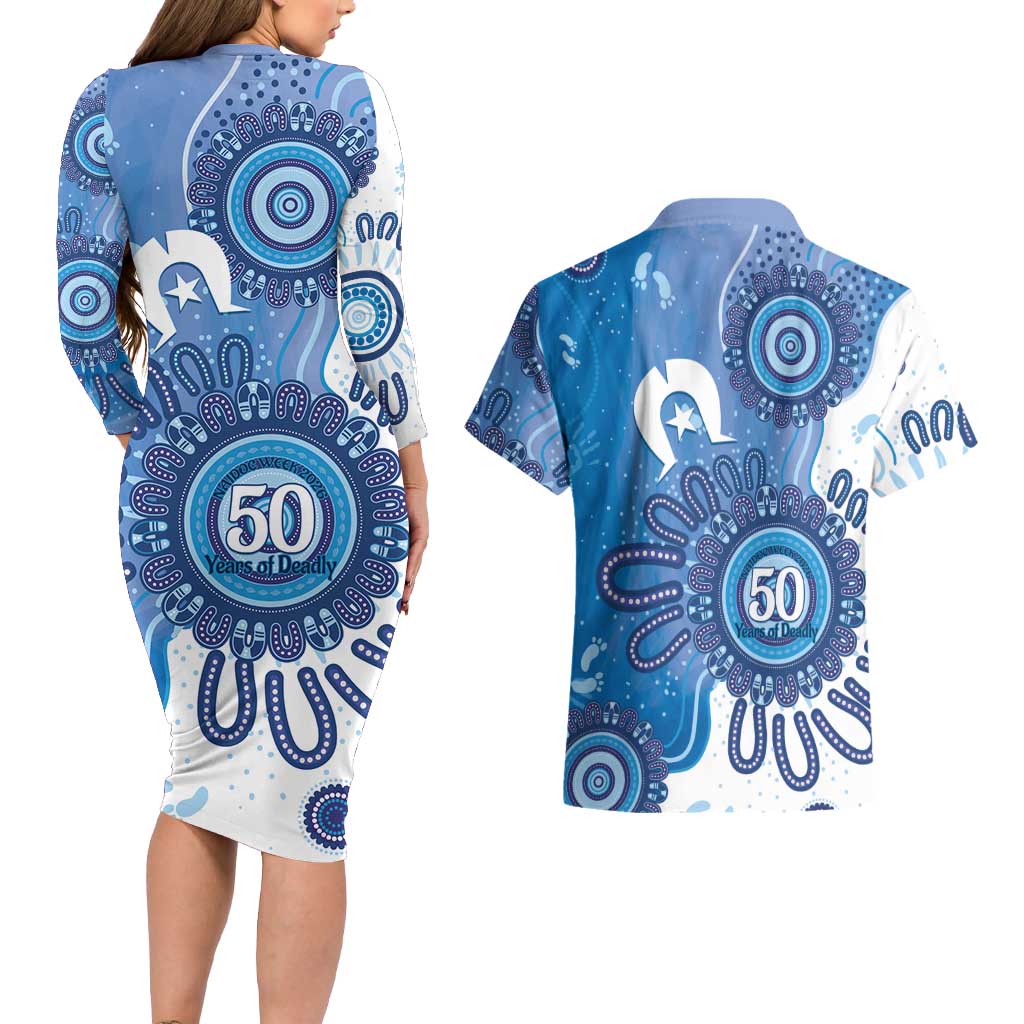 NAIDOC Week 2026 Couples Matching Long Sleeve Bodycon Dress and Hawaiian Shirt 50 Years Deadly Dhari Blue Aboriginal Art