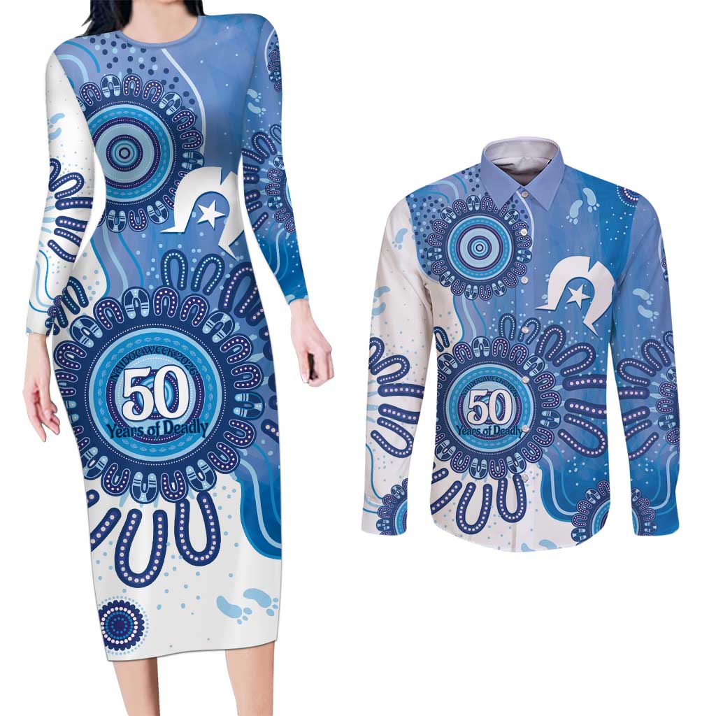 NAIDOC Week 2026 Couples Matching Long Sleeve Bodycon Dress and Long Sleeve Button Shirt 50 Years Deadly Dhari Blue Aboriginal Art