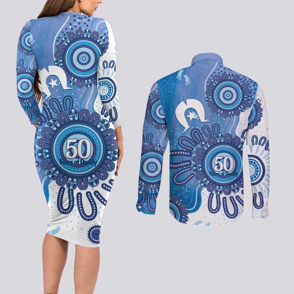 NAIDOC Week 2026 Couples Matching Long Sleeve Bodycon Dress and Long Sleeve Button Shirt 50 Years Deadly Dhari Blue Aboriginal Art