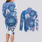 NAIDOC Week 2026 Couples Matching Long Sleeve Bodycon Dress and Long Sleeve Button Shirt 50 Years Deadly Dhari Blue Aboriginal Art
