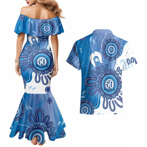 NAIDOC Week 2026 Couples Matching Mermaid Dress and Hawaiian Shirt 50 Years Deadly Dhari Blue Aboriginal Art